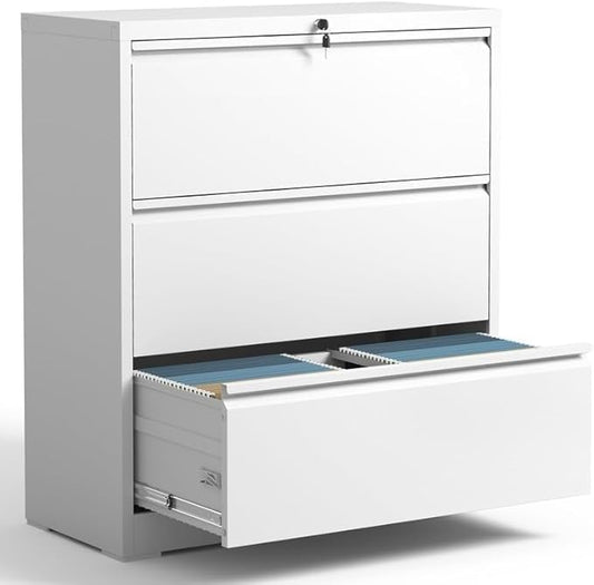 3 Drawer Lateral File Cabinet with Lock, Metal File Cabinets for Home Office, Office Furniture for Organization Hanging Legal/Letter/A4, Metal Filing Cabinet Storage Cabinet, Require Assembly, White