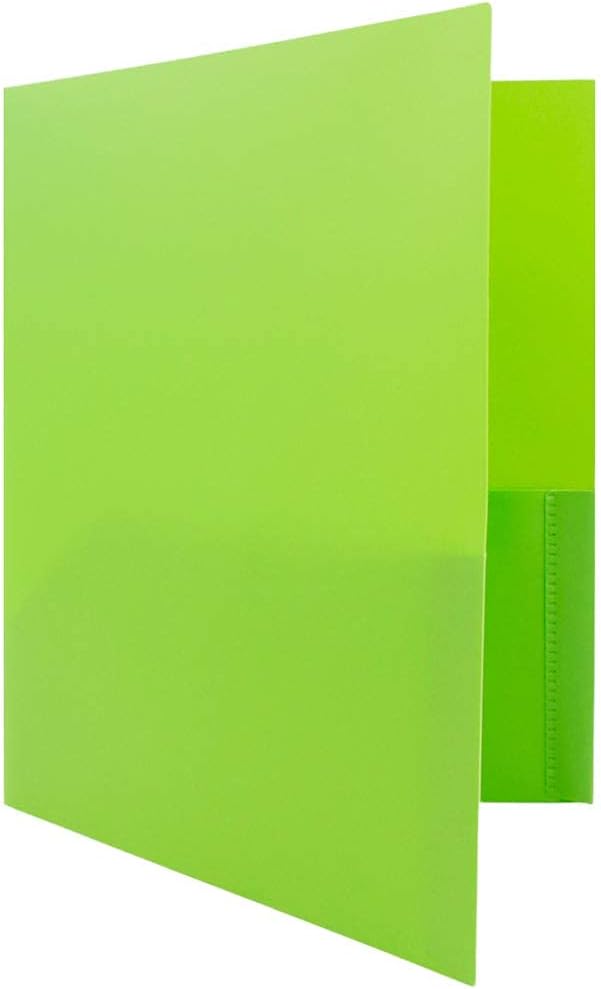 JAM PAPER Plastic Color POP Folders - 2 Pocket Durable Folders with Metal Prongs Fastener Clasps - Lime Green - 6/Pack