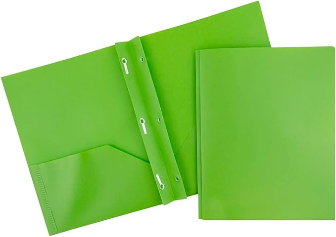JAM PAPER Plastic Color POP Folders - 2 Pocket Durable Folders with Metal Prongs Fastener Clasps - Lime Green - 6/Pack