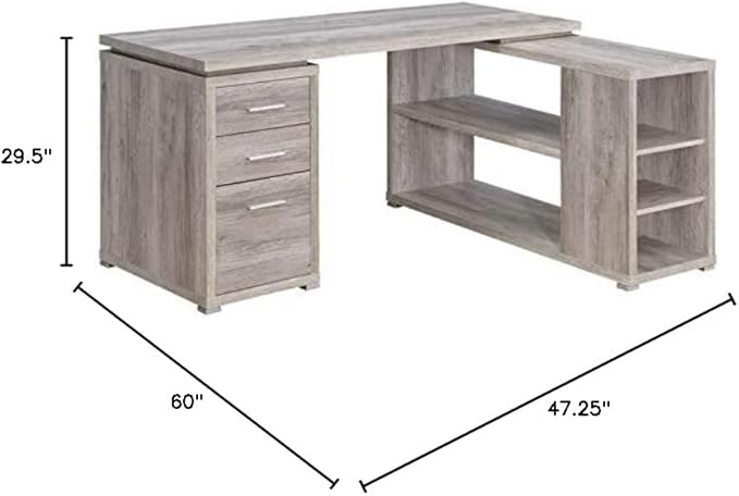 Pemberly Row L Shape Corner Storage Desk in Grey Driftwood, Letter/Legal File, 5 Bookshelves