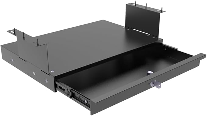 QiaoYoubang Under Desk Lockable Sliding Out Drawer with Cable Management, 17 inch Wide Office Storage Organizer for Standing Desks or tables with a Crossbar less than 3.2" High, 12 Inch Deep