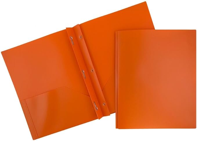 JAM PAPER Plastic Color Pop Folders - 2 Pocket Durable Folders with Metal Prongs Fastener Clasps - Orange - 3/Pack