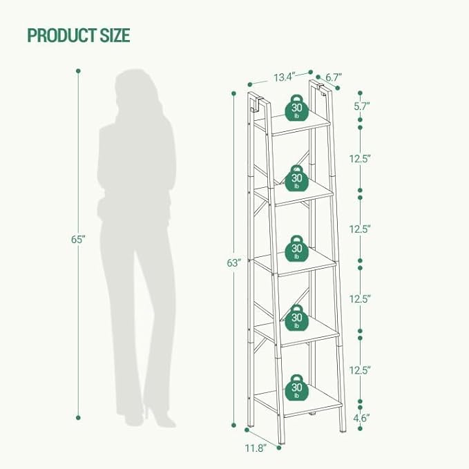 Hzuaneri Ladder Shelf, Bookshelf Bookcase, Freestanding Corner Storage Shelve with 2 Hooks for Home Office, Living Room, Kitchen, Bedroom, Industrial, 11.8" D x 13.4" W x 63" H, Greige BC03205B