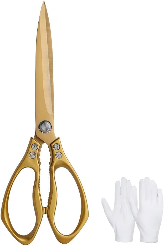 Large Ribbon Cutting Scissors,Heavy duty gold stainless steel scissors,With scissors and a pair of white gloves,Suitable for Ribbon-Cutting,Office,Home,and Crafts, Right/Left Handed (10.83 inches)