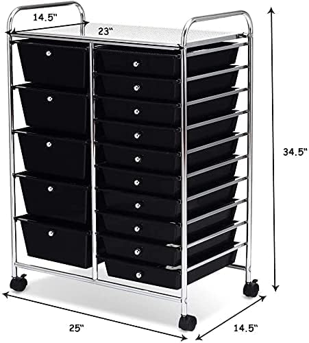 DORTALA 15-Drawer Rolling Storage Cart with Drawers, Rolling Utility Cart w/Removable Drawers & Universal Wheels, Tools Scrapbook Paper Organizer for School, Office, Home, Classroom (Black)