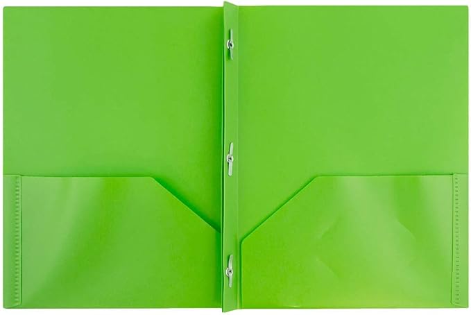 JAM PAPER Plastic Color POP Folders - 2 Pocket Durable Folders with Metal Prongs Fastener Clasps - Lime Green - 6/Pack