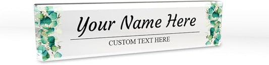 Signs ByLITA Floral Pattern Customized Nameplate | Eucalyptus Personalized Full Color Acrylic Desk Sign