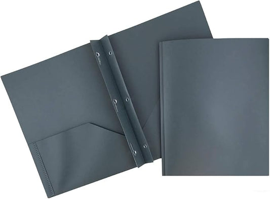 JAM PAPER Plastic Color POP Folders - 2 Pocket Durable Folders with Metal Prongs Fastener Clasps - Grey - 6/Pack