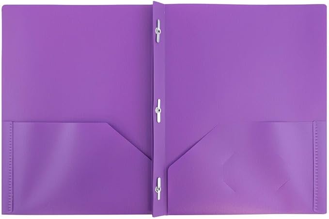 JAM PAPER Plastic Color Pop Folders - 2 Pocket Durable Folders with Metal Prongs Fastener Clasps - Purple - 3/Pack