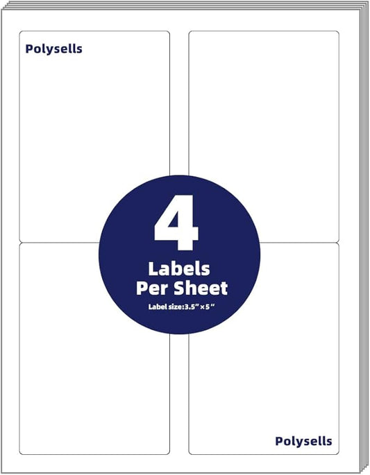 POLYSELLS Shipping Labels with Self Adhesive for Laser & Inkjet Printers, 4 Printing Labels Per Sheet, White 3.5 x 5 Inches - 500 Sheets (2000 Shipping Label Paper)
