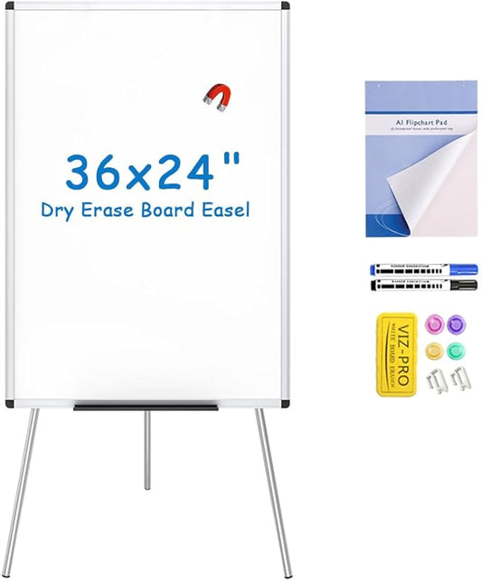 VIZ-PRO Magnetic Whiteboard Easel, 36 x 24 Inches, Portable Dry Erase Board Height Adjustable for School Office and Home