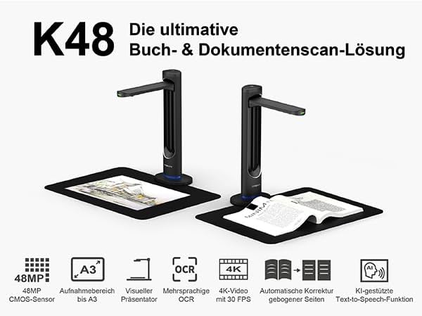 VIISAN K48 Book Scanners: 48MP Output, USB Camera for Laptop/Desktop, Deskewing, Multiple Page Documents Scanning, OCR & TTS Tech, Ai Reading, UVC/UAC Camera, Works with Windows & MacOS