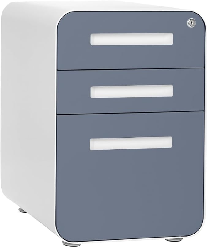 Laura Davidson Furniture Stockpile 3 Drawer File Cabinet with Lock - Under Office Desk Metal Filing Cabinet, Legal/Letter File Folders, Wheels and Stationary Feet, Pre-Assembled, Coastal Blue