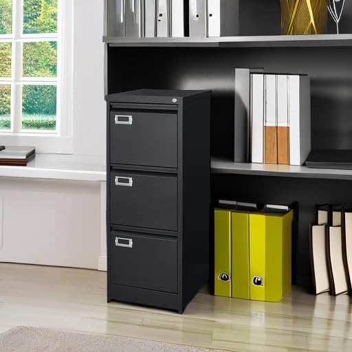 BYNSOE 3 Drawer File Cabinet with Lock Metal Vertical File Cabinet Office Home Narrow File Cabinet for A4 Legal/Letter Size,Assembly Required (Black, 3 Drawers-Vertical)