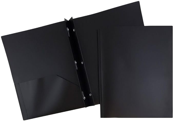 JAM PAPER Plastic 2 Pocket POP Folders - Durable School Folders with Metal Prongs Fastener Clasps - Black - Bulk 48/Pack