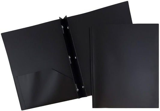 JAM PAPER Plastic Color Pop Folders - 2 Pocket Durable Folders with Metal Prongs Fastener Clasps - Black - 3/Pack