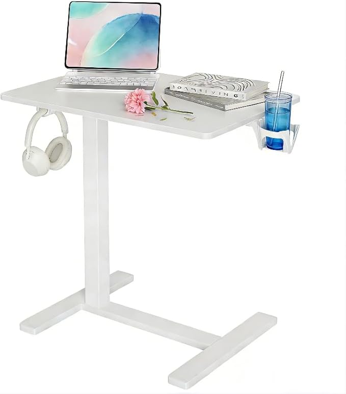 YDN Mobile Mobile Standing Desk, Adjustable Height Portable Laptop Desk with Lockable Wheels, 25.5" x 18.8" Rolling Desk with Hook for Computer Workstation, White