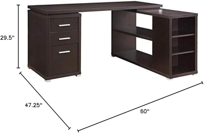 Pemberly Row L Shape Corner Storage Desk in Brown Cappuccino, Letter/Legal File, 5 Bookshelves