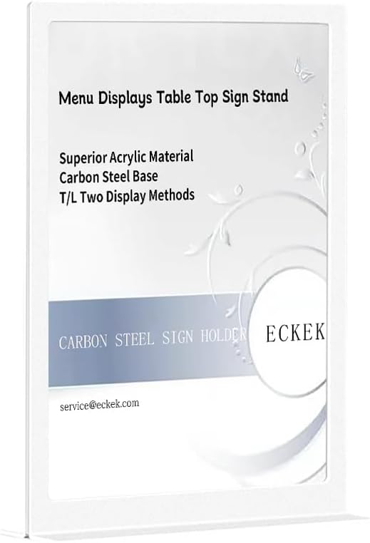 ECKEK Carbon Steel Sign Holder, Menu Displays Double Sided, Table Top Sign Stand (T Shape White A5 148×210mm/ 5.83×8.27 inches)