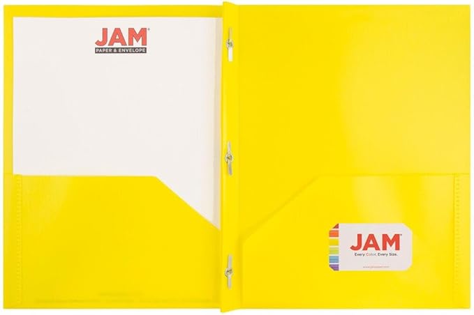 JAM PAPER Plastic Color Pop Folders - 2 Pocket Durable Folders with Metal Prongs Fastener Clasps - Yellow - 3/Pack