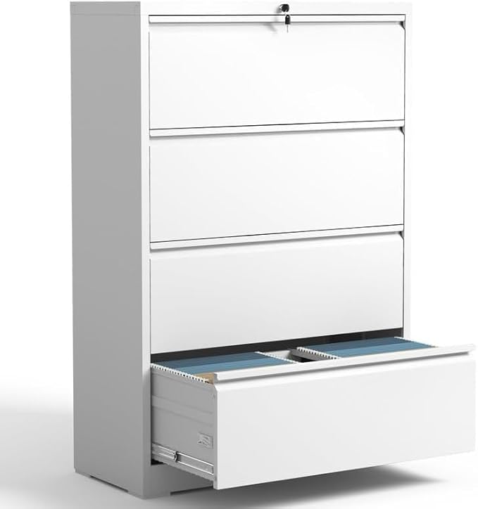 4 Drawer Lateral File Cabinet with Lock, Metal File Cabinets for Home Office, Office Furniture for Organization Hanging Legal/Letter/A4, Metal Filing Cabinet Storage Cabinet, Require Assembly, White