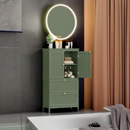 VASAGLE Floor Storage Cabinet, Freestanding Storage Unit with 2 Drawers and 2 Doors, Adjustable Shelf, 11.8 x 23.6 x 43.3 Inches, for Entryway, Bathroom, Forest Green UBBC551C01