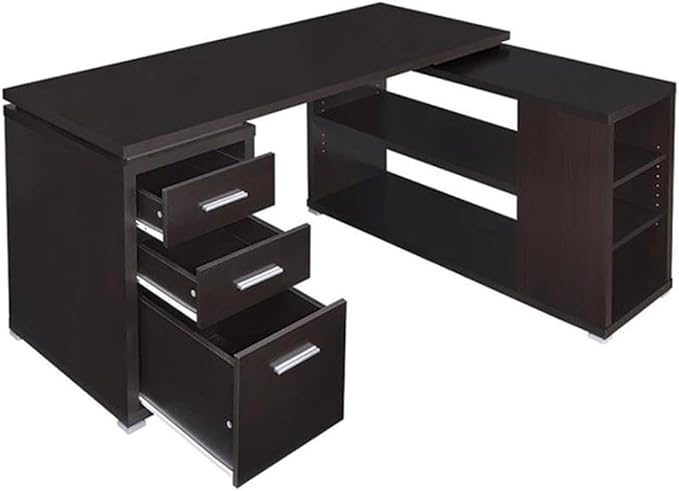 Pemberly Row L Shape Corner Storage Desk in Brown Cappuccino, Letter/Legal File, 5 Bookshelves