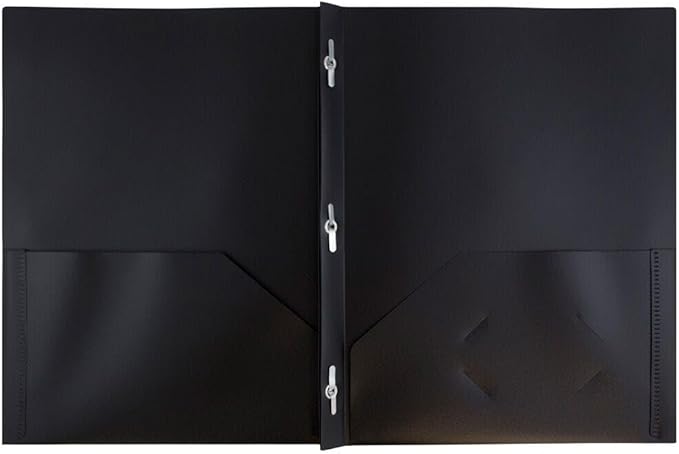 JAM PAPER Plastic 2 Pocket POP Folders - Durable School Folders with Metal Prongs Fastener Clasps - Black - Bulk 48/Pack