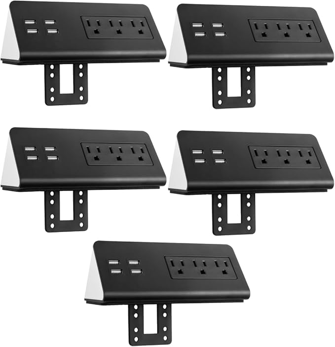 Kable Kontrol Desk Clamp Power Strip with 4 USB-A Ports, Nightstand Charging Station, 3 AC Outlets, Fast Charger, Easy Installation for Home, Offices, Hotels – 4.9 Ft, Black, 5 Pcs