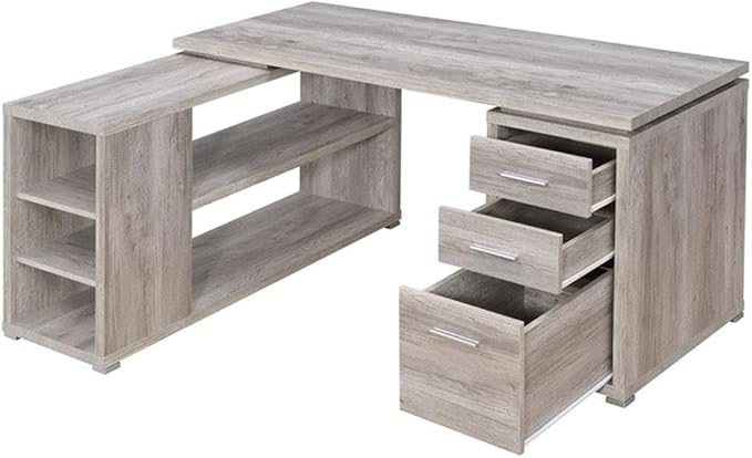 Pemberly Row L Shape Corner Storage Desk in Grey Driftwood, Letter/Legal File, 5 Bookshelves