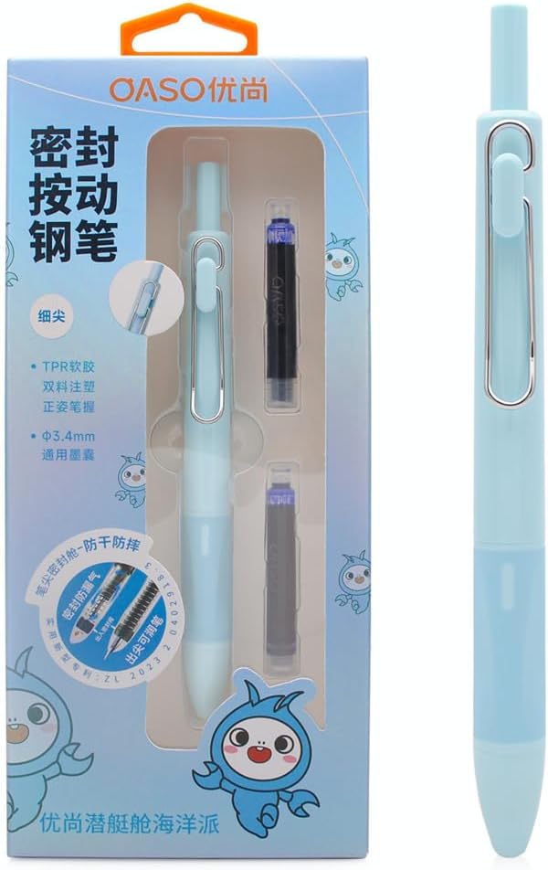 xixixiaozhu OASO K018 Sealed Retractable Fountain Pen Set 0.5mm with 2pcs Blue Ink Cartridges Smooth Writing for School Students (Light Blue)