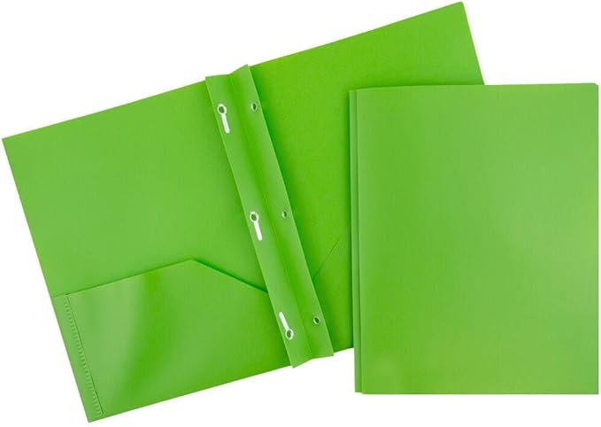 JAM PAPER Plastic Color Pop Folders - 2 Pocket Durable Folders with Metal Prongs Fastener Clasps - Lime Green - 3/Pack