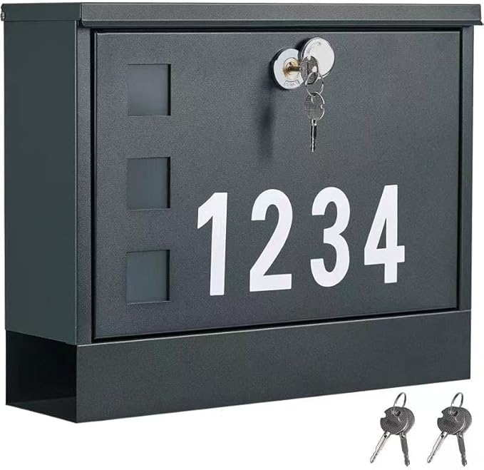 LAND·VOI Locking Mailbox Wall Mounted, Metal Postbox with Three Sets of Mail Box Number Stickers, 4 Keys, 14.4" x 4.5" x 11.2", Large Capacity, Anthracite Gray AMB11G
