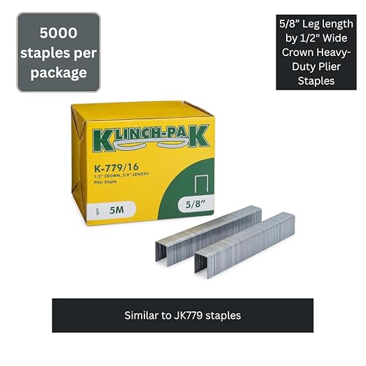 Klinch-Pak K-779/16, 5/8” Leg Length by 1/2" Wide Crown Heavy-Duty Galvanized Plier Staples, 5000 Per Package, Similar to JK779 Staples, for stapling Trays, Lids, Header Cards, Fastening End Caps