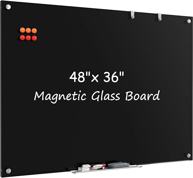 MaxGear Glass Whiteboard, Tempered Magnetic Dry Erase Board 48 x 36 Inch, Frameless Wall Mounted, Office Classroom Conference Room Home Use, Includes Markers, Eraser, Magnets & Mounting Kit