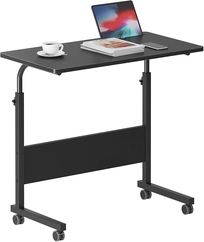 DlandHome Mobile Bed Table 31.5 Inch, Adjustable Side Table Laptop Computer Stand Desks with Tablet Slot Cart Tray Wheels,Black#2