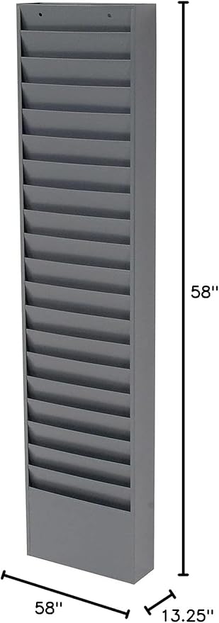 Global Industrial Steel Medical Chart Hanging Wall File Holder, 20 Pockets, Gray, Wall Mounted Magazine and File Folder Holder, 12-1/2"W x 8-3/8"H Pockets
