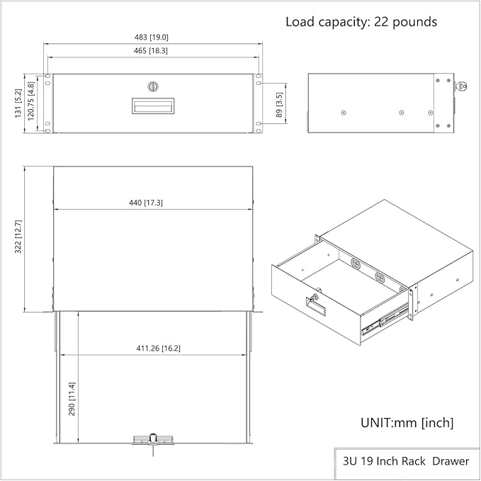 QiaoYoubang 3U Server Cabinet Case 19 Inch Rack Mount Lockable Drawer with Key, 12.6 Inch Depth (3U)