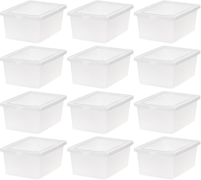 IRIS USA 12-Pack Storage Bins with Lids, 15 Quart, Shoe Boxes Clear Stackable Containers Organize Shoes Closet Shelves, Organization Teacher Tools, Game Storage - BPA-Free Plastic