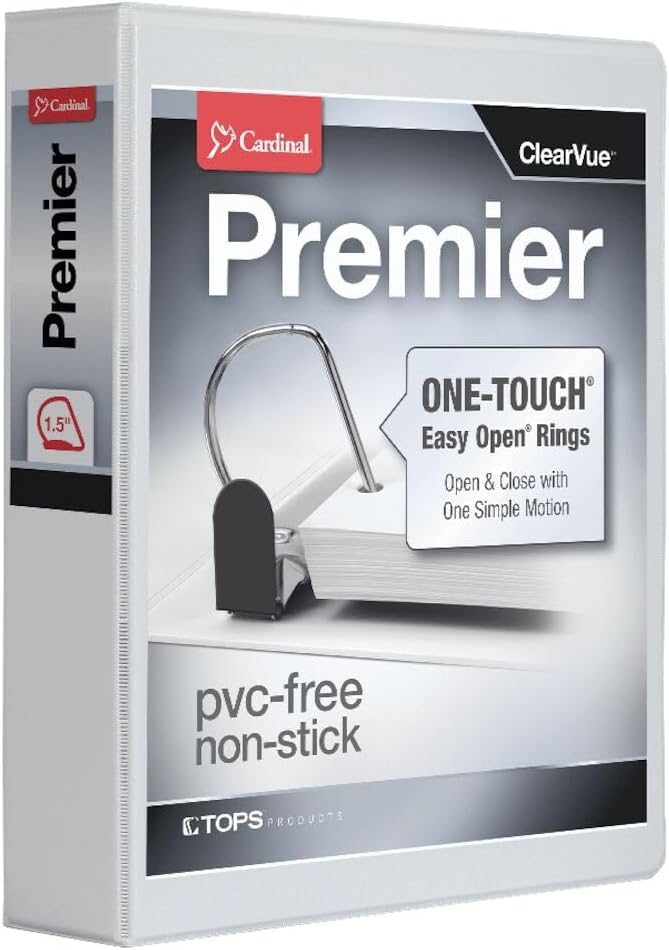 Cardinal 3 Ring Binder, 1.5 Inch Premier Easy Open Binder, ONE-Touch Locking Slant-D Rings, 400-Sheet Capacity, ClearVue Cover, PVC-Free, Black (10311) (10310)