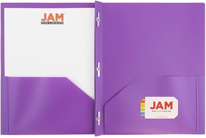 JAM PAPER Plastic Color Pop Folders - 2 Pocket Durable Folders with Metal Prongs Fastener Clasps - Purple - 3/Pack