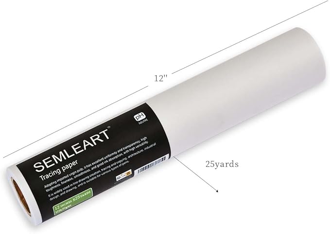 SEMLEART Trace Paper roll 12 inch x 25 Yard,32lb/50gsm,Translucent White tracing Paper for Drawing, Sketching，Sewing Pattern Gift Wrapping,Dressmaking - Sketch & Drafting Paper roll