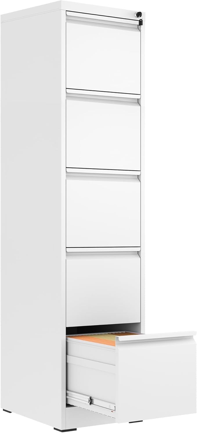 FLIXELIO 5 Drawer File Cabinet with Lock,Metal Vertical Filing Cabinets for Home Office,Heavy Duty File Storage Cabinet for Letter/Legal/A4/F4 Size File,Assembly Require (White, Vertical 5 Drawer)