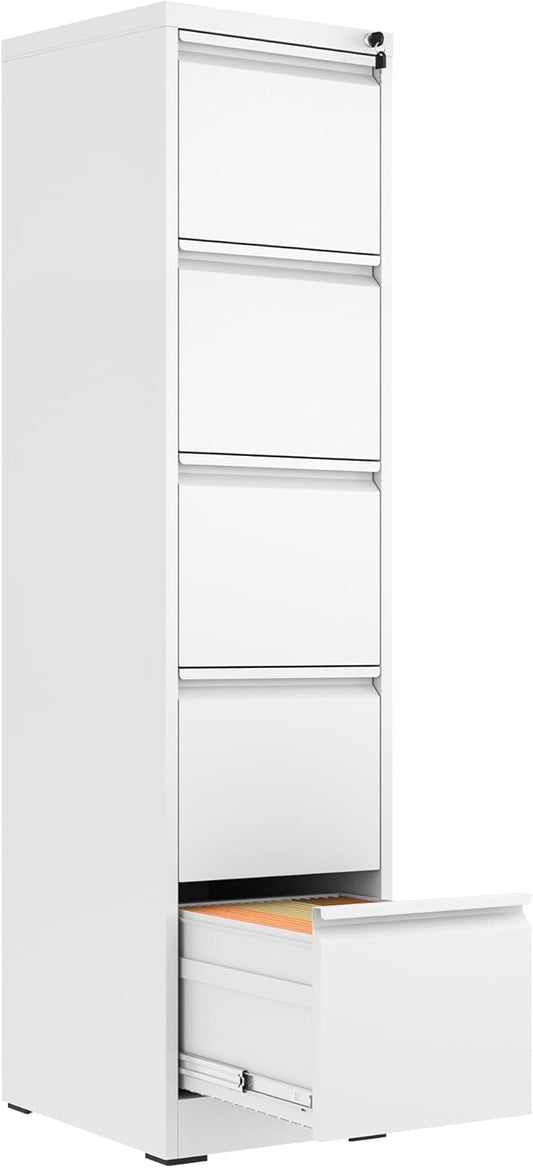 FLIXELIO 5 Drawer File Cabinet with Lock,Metal Vertical Filing Cabinets for Home Office,Heavy Duty File Storage Cabinet for Letter/Legal/A4/F4 Size File,Assembly Require (White, Vertical 5 Drawer)