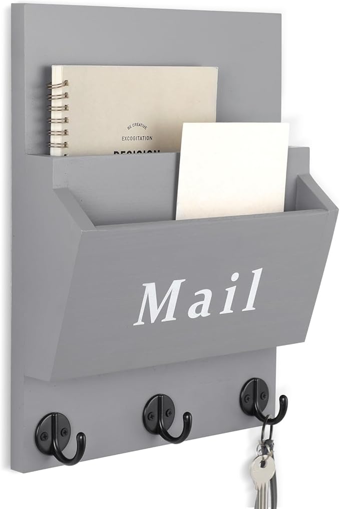 Lucundm Mail and Key Holder - Decorative 9.8" x 12.5" Wall Key Hanger with 2 Mail Organizer Slots and 3 Hooks - Real Paulownia Wood with Keyhole Brackets, Hardware and Instructions (Gray)