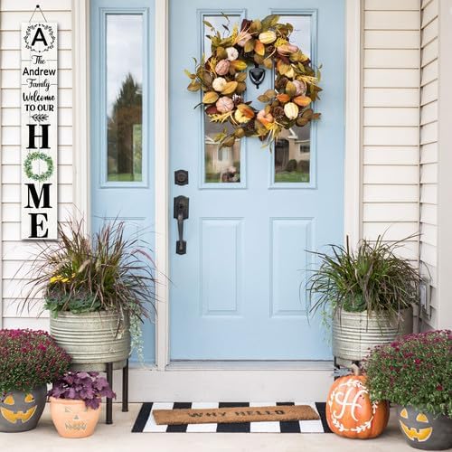 SRongmao Welcome To Our Home Porch Sign Personalized Welcome Sign for Front Door Custom Family Name Signs Standing Vertical Rustic Farmhouse Eucalyptus Wreaths Decor for Front Door Wall Decor