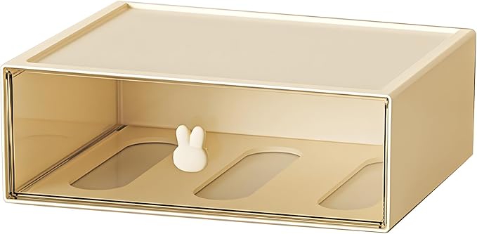 OSteed Desktop Drawers, Desk Organizer with 1 Large Drawer & Bunny Handles, Stackable Plastic Storage Box for Home Collection, Cosmetics, Office Supplies (1 Tall Layer, Cream & Clear)