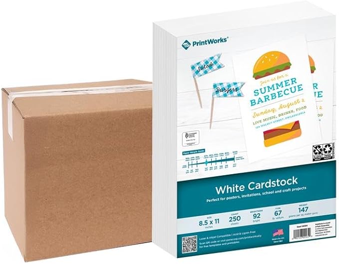 PrintWorks White Cardstock 8.5" x 11" - 67 lb/147 gsm Vellum Bristol - 750 Sheets - Made in the USA - SFI® Certified - 92 Bright - Card Stock Printer Paper for School, Craft, & Office Use (00564C)