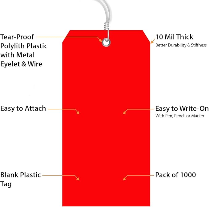 SmartSign (Pack of 1000) Red Plastic Tags with Wires, 6.25 x 3.125 inch, Metal Eyelet, 10 mil Tear-Proof Polylith Plastic, Writable