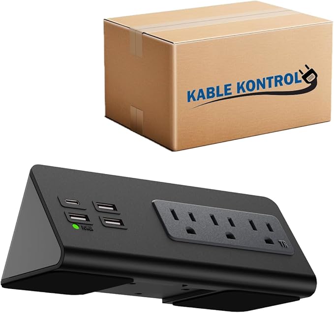 Kable Kontrol Desk Clamp Power Strip with USB-C Port, Nightstand Charging Station, 3 AC Outlets, 3 USB-A Ports, Fast Charger, Easy Installation for Home, Offices, Hotels – 4.9 Ft, Black, 20 Pcs